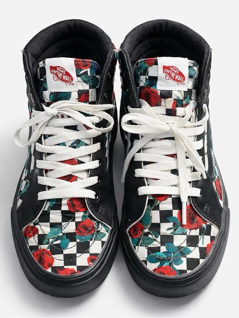 Vans Sk8-Hi Custom High Tops - Checkerboard & Red Rose Floral - Size 9.5